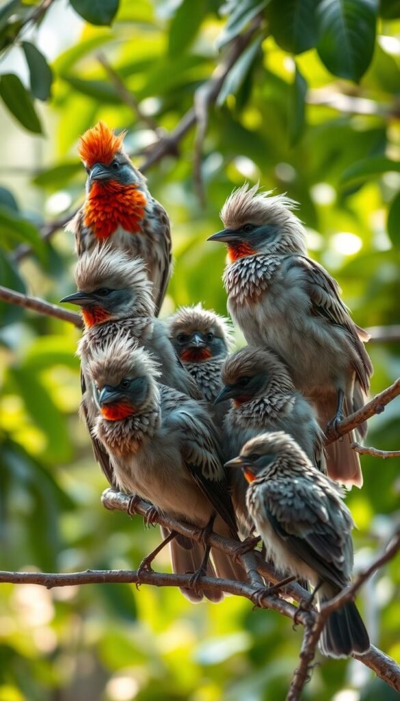 A flock of birds perched on branches, their feathers ruffled in a display of social hierarchy. The dominant birds sit tall, their plumage vibrant and proud, while the subordinates hunch, their dull feathers conveying their lower status. Soft, natural lighting filters through the leaves, casting a warm glow on the scene. The background is blurred, drawing the viewer's focus to the intricate interactions between the birds. The image should evoke a sense of the subtle power dynamics at play within avian social structures, captured in the delicate dance of feather positioning and body language.