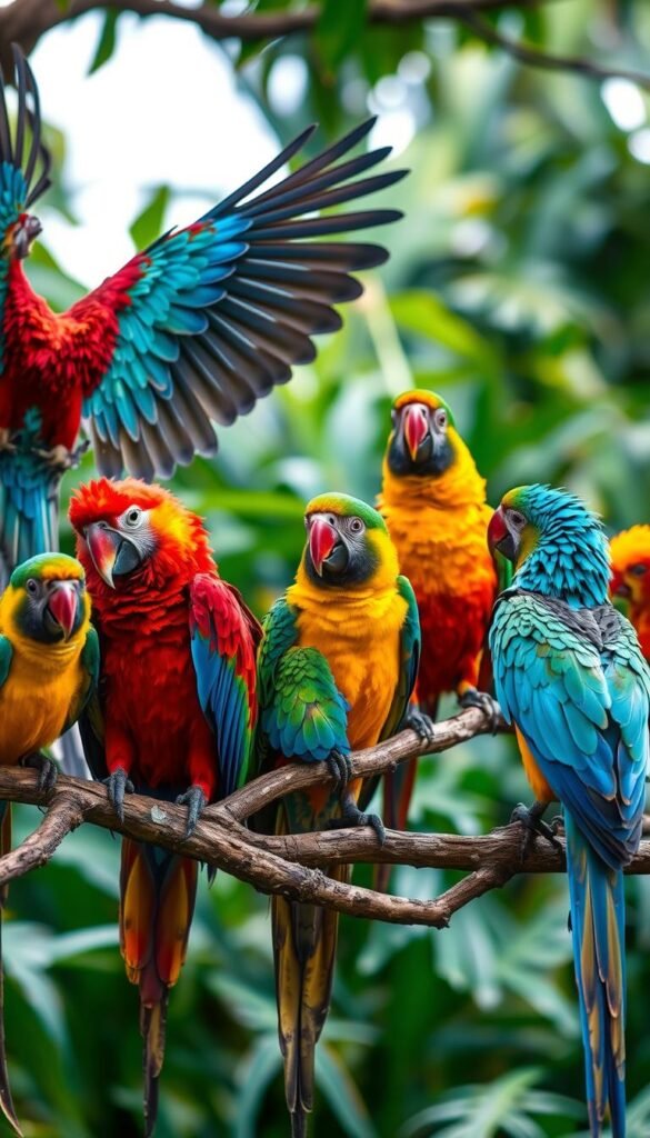 A flock of colorful parrots perched on branches, their feathers ruffled and wings spread, conveying a range of expressive body language. The scene is captured in soft, natural lighting with a shallow depth of field, creating a sense of intimacy. The birds' heads are tilted, beaks slightly open, eyes alert, and postures relaxed or tense, showcasing a spectrum of avian communication. The background is a lush, verdant jungle, hinting at the birds' natural habitat. This vivid image aims to provide an insightful introduction to understanding the nuanced body language and visual cues of these remarkable creatures.