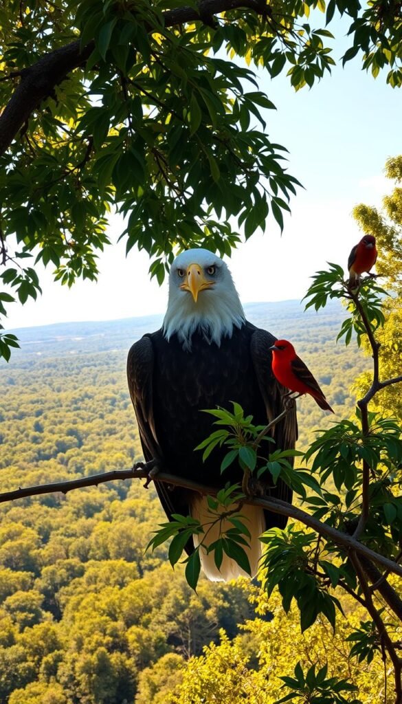 A flock of diverse endangered bird species in the United States, perched on the branches of a lush, verdant tree canopy. The foreground features a majestic bald eagle, its piercing gaze fixed upon the viewer. In the middle ground, a vibrant scarlet tanager and a delicate cerulean warbler flutter among the leaves. The background showcases a panoramic view of a pristine forest, bathed in warm, golden sunlight filtering through the foliage. The scene evokes a sense of natural harmony and the fragile beauty of these threatened avian wonders, inviting the viewer to appreciate and protect these iconic American birds.