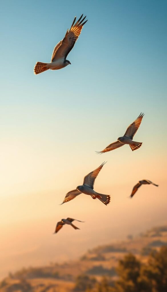 A flock of graceful kites and falcons soaring effortlessly through a vibrant blue sky, their sleek, aerodynamic forms cutting through the air with precision and power. In the foreground, a falcon's sharp talons reach out, poised to strike its prey, while a kite's elegant wings slice through the breeze, its tail feathers fanning out in a mesmerizing display. The middle ground reveals a trio of falcons, their keen eyes scanning the landscape below, ready to dive and capture their quarry. In the distant background, a hazy horizon frames the scene, bathed in warm, golden light that casts a soft, ethereal glow over the entire composition.
