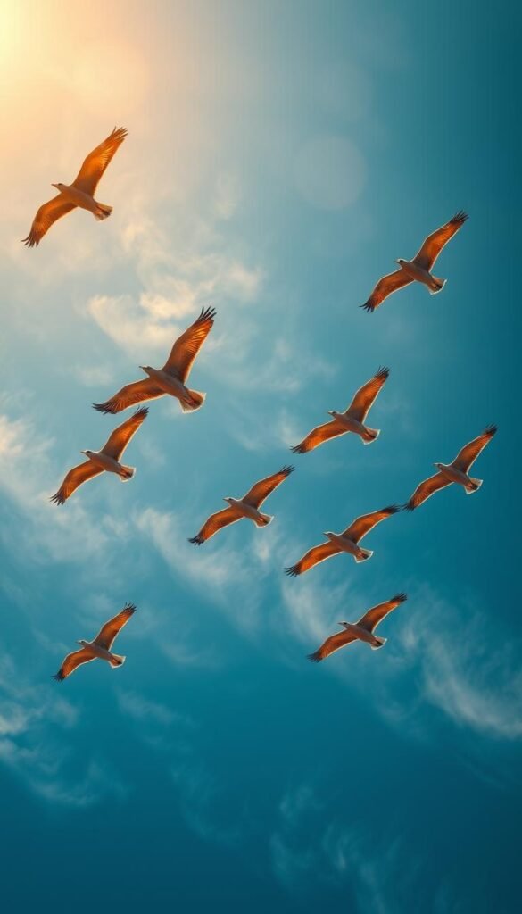 A flock of majestic birds soaring effortlessly through the boundless azure sky, their wings outstretched in graceful arcs. The sun's golden rays illuminate their streamlined bodies, casting a warm glow amidst the wispy cirrus clouds that drift lazily overhead. Captured in mid-flight, these high-flying avian champions showcase their extraordinary mastery of the air, their keen eyes scanning the horizon for the thermal currents that propel them to dizzying heights. The scene exudes a sense of freedom and boundless possibility, transporting the viewer to a realm where the limits of flight are pushed to their very edge.