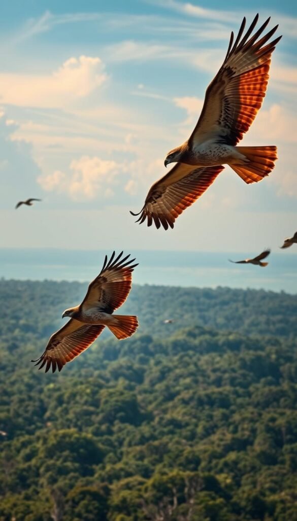 A flock of majestic hawks soaring effortlessly above the lush, verdant landscapes of Florida. In the foreground, two red-tailed hawks glide gracefully, their powerful wings outstretched, casting dramatic shadows on the ground below. In the middle ground, a broad-winged hawk circles, its keen eyes scanning the terrain for prey. In the distant background, a hazy blue sky is punctuated by the silhouettes of other hawks, riders of the thermals, masters of the skies. Warm, golden sunlight filters through wispy clouds, illuminating the birds' sleek, feathered forms and creating a serene, awe-inspiring atmosphere.