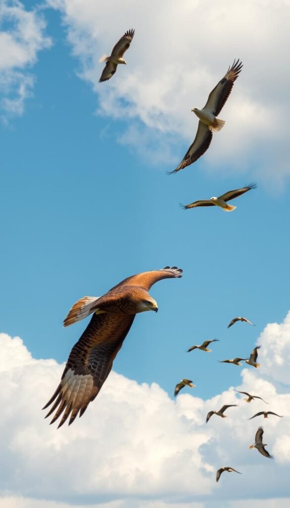 A flock of majestic raptors soaring effortlessly through the vast, azure sky. Powerful wings outstretched, feathers glistening in the warm sunlight, as they deftly navigate the air currents. In the foreground, a red-tailed hawk banks gracefully, its keen eyes scanning the landscape below for prey. Circling higher, a pair of bald eagles ride the thermals, their distinctive white heads and tails standing out against the fluffy cumulus clouds. In the distance, a group of peregrine falcons dive with breathtaking speed, showcasing their unparalleled aerial prowess. The scene exudes a sense of freedom and natural harmony, capturing the essence of a raptor's captivating flight patterns.