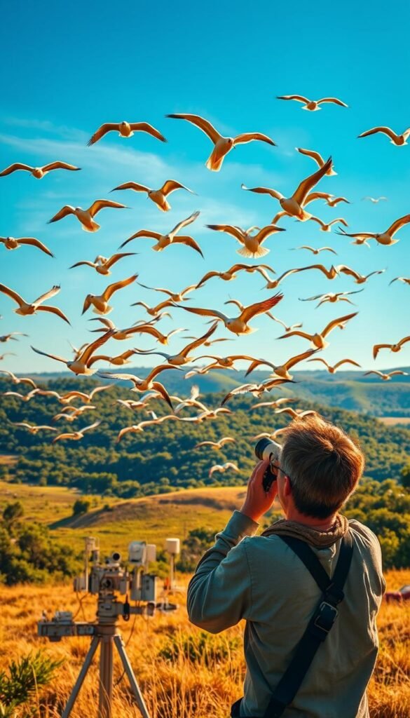 A flock of migratory birds in the sky, their wings outstretched as they soar gracefully over a lush, verdant landscape. In the foreground, a researcher stands with a pair of binoculars, intently tracking their movements against the backdrop of a vibrant blue sky. The scene is bathed in warm, golden sunlight, creating a sense of tranquility and wonder. In the middle ground, a research station is situated, with various instruments and equipment used to monitor the birds' behaviors and migration patterns. The background features rolling hills and a distant horizon, creating a sense of depth and scale. The overall atmosphere conveys the scientific study and conservation efforts dedicated to understanding the complex migration of these remarkable avian creatures.