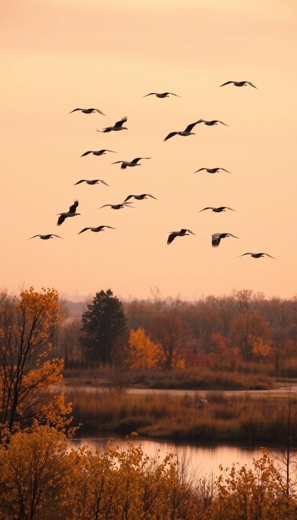 A flock of migratory birds soar gracefully against a vibrant autumn sky, their wings outstretched as they navigate the changing seasons. In the foreground, a serene landscape of golden leaves and a tranquil lake reflect the warm hues of the season. The middle ground features scattered trees, their branches reaching upwards, as if guiding the birds on their journey. The background is a hazy horizon, tinged with the soft pinks and oranges of the setting sun, creating a sense of depth and atmosphere. The lighting is soft and diffused, casting a gentle glow over the entire scene, capturing the essence of the "Great Migration" during the fall season.
