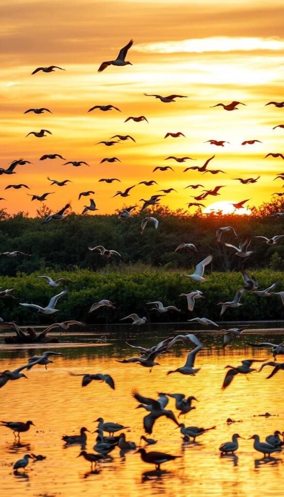 A flock of migratory birds soaring gracefully across a vibrant sky, their wings outstretched against the warm golden light of the setting sun. In the foreground, a diverse array of waterfowl, shorebirds, and songbirds in rich, vibrant plumages glide effortlessly over a tranquil wetland, their reflections rippling on the still surface. In the middle ground, a thicket of lush, verdant foliage provides a natural backdrop, framing the avian subjects. The overall scene conveys a sense of serene, natural beauty, capturing the essence of the migratory journey as the birds navigate the vast landscapes of North America.