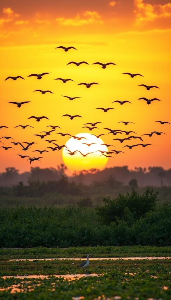 A flock of migratory birds soaring gracefully against a vibrant sunset sky, their wings outstretched in a synchronized aerial dance. In the foreground, a lone shorebird wades through a tranquil estuary, its keen eyes scanning the shallow waters for sustenance. In the middle ground, a lush riparian habitat teeming with diverse wildlife, the verdant foliage framing the migratory species' journey. Soft, warm lighting illuminates the scene, casting a golden glow and evoking a sense of wonder and the cyclical nature of life. Captured with a wide-angle lens to encompass the expansive, picturesque landscape that serves as a crucial stopover for these avian travelers.