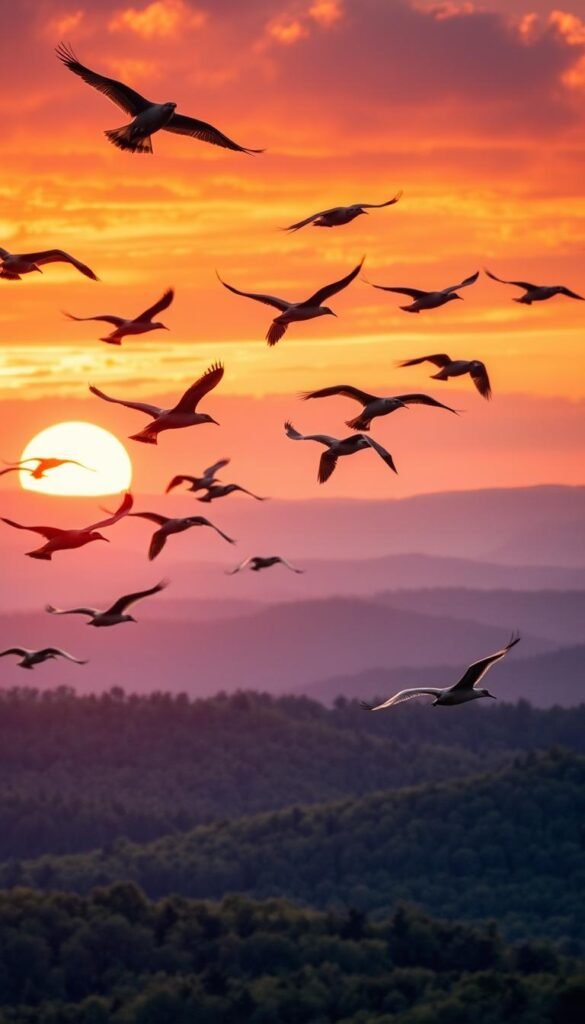 A flock of migratory birds soaring gracefully against a vibrant sunset sky. In the foreground, a close-up view captures the intricate details of their feathers as they glide effortlessly, their movements fluid and synchronized. In the middle ground, the birds navigate intricate aerial patterns, weaving between currents and thermals to conserve energy during their long journey. The background depicts a vast expanse of rolling hills and lush forests, serving as a reminder of the diverse habitats these birds must traverse. The lighting is warm and golden, instilling a sense of wonder and appreciation for the behavioral adaptations that enable these remarkable creatures to undertake their annual migration.