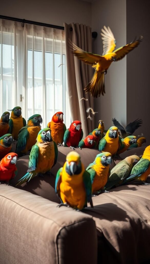 A flock of noisy, raucous birds in an apartment setting. In the foreground, a group of squawking parrots and cockatoos perched on the back of a sofa, their vibrant plumage clashing with the muted decor. In the middle ground, a macaw swings from a curtain rod, scattering feathers and causing a ruckus. In the background, a cockatiel soars past an open window, its shrill calls adding to the cacophony. Harsh lighting casts dramatic shadows, creating a sense of chaos and disruption, underscoring the unsuitability of these boisterous birds for apartment living.