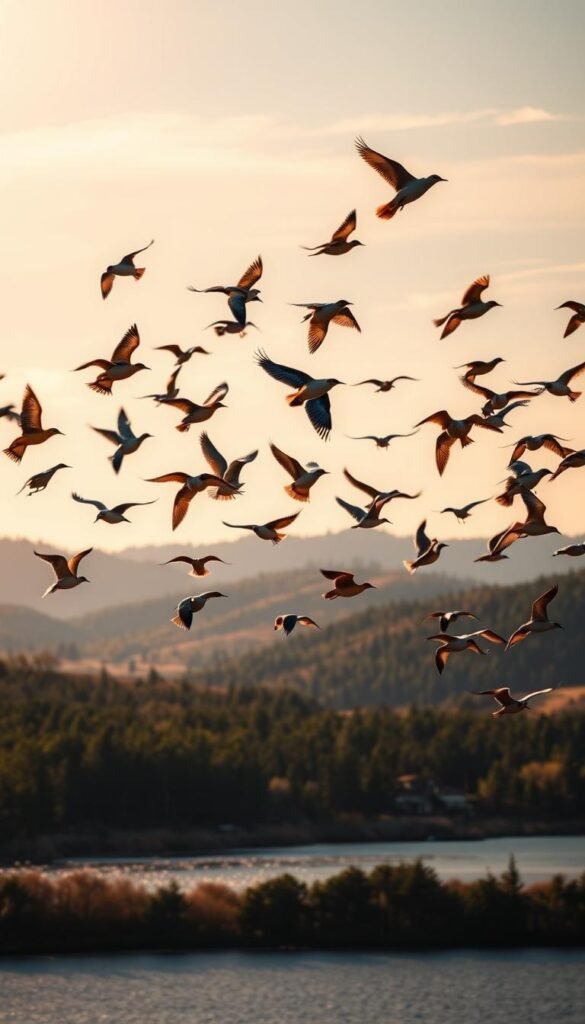 A flock of notable migratory bird species soaring gracefully against a serene sky. In the foreground, a vibrant array of colorful birds, including warblers, geese, and sandpipers, captured in mid-flight with intricate details of their feathers and wingspan. The middle ground showcases a picturesque landscape, with rolling hills, lush forests, and a shimmering lake reflecting the birds' silhouettes. The background is illuminated by warm, golden sunlight, casting a soft, ethereal glow over the entire scene. The composition conveys a sense of harmony and the wondrous beauty of these avian travelers as they embark on their captivating journeys across North America.