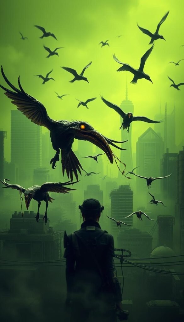 A flock of toxic, mutant birds hovering above a desolate, post-apocalyptic landscape. In the foreground, three angular, featherless creatures with glowing, venomous eyes and sharp, serrated beaks. Their wings are malformed, twisted appendages that seem to drip with a viscous, noxious fluid. In the middle ground, the silhouettes of more birds, their forms obscured by a hazy, toxic mist that clings to the ground. The background is a bleak, desaturated cityscape, crumbling skyscrapers and rusting machinery indicating a world ravaged by environmental disaster. The lighting is ominous, a sickly green-yellow glow casting an eerie, unsettling atmosphere over the entire scene.