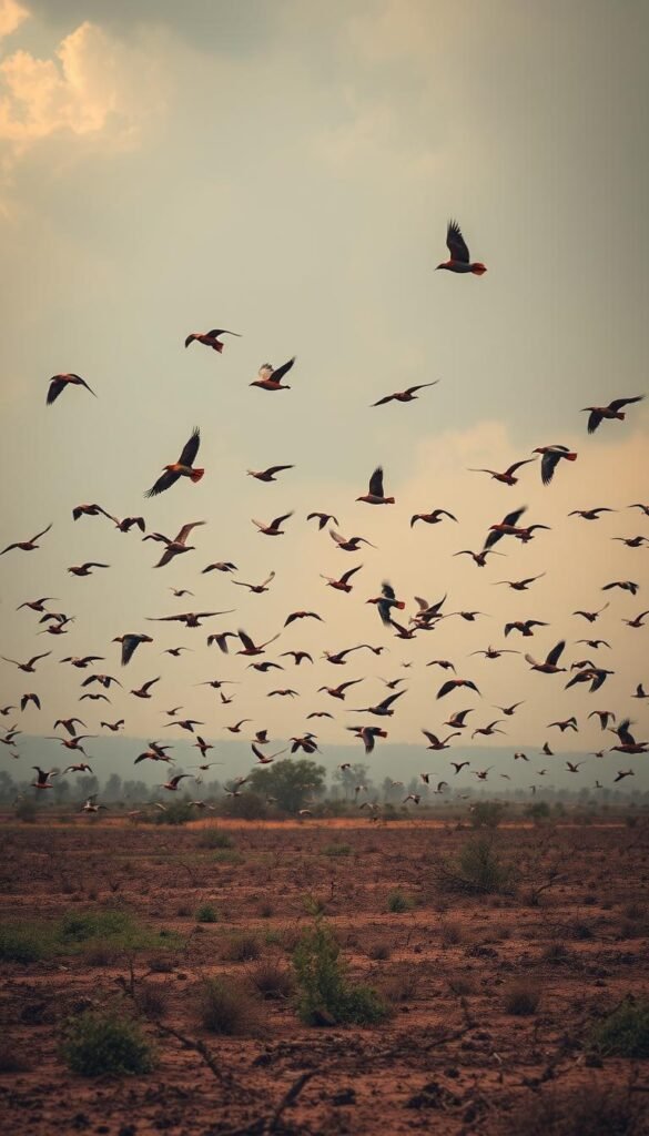 A flock of vibrant birds soaring against a backdrop of a warming, hazy sky. In the foreground, a diverse array of species - songbirds, waterfowl, and raptors - struggle to adapt to the changing climate. In the middle ground, a barren, drought-stricken landscape with dwindling vegetation. In the distance, storm clouds loom ominously, symbolizing the looming threat of extreme weather events. Soft, diffused lighting casts a melancholic mood, emphasizing the fragility of the avian world. Captured through a wide-angle lens to convey the overwhelming scale of the environmental crisis faced by these feathered creatures.