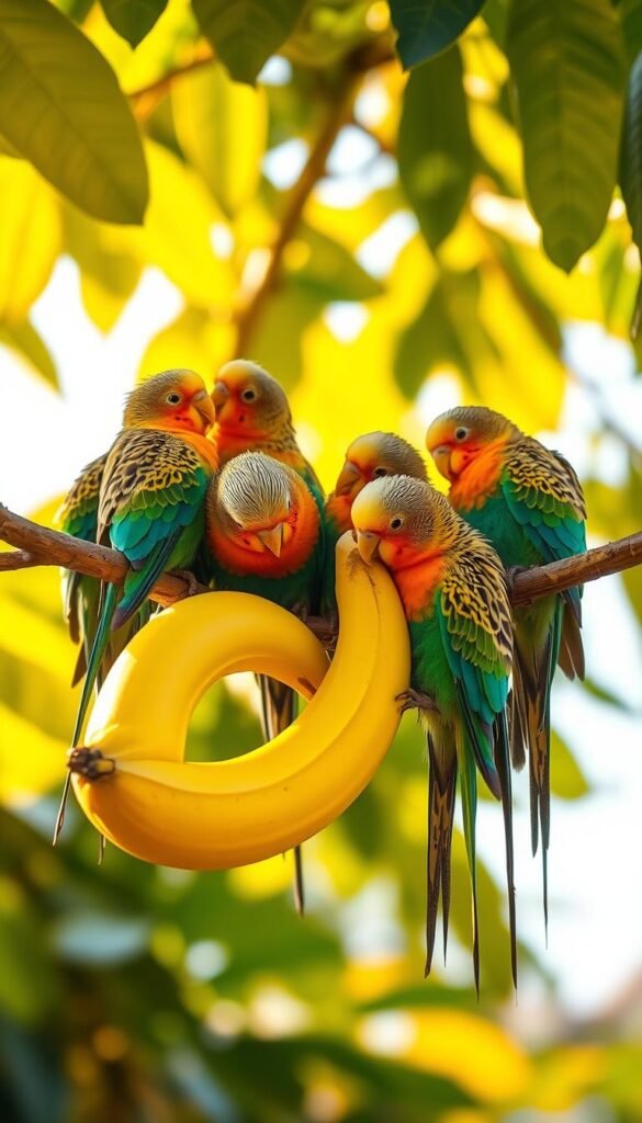 A flock of vibrant budgies perched on a lush tree branch, intently nibbling on a ripe yellow banana. The birds' iridescent feathers catch the warm, golden light filtering through the leaves, creating a captivating interplay of colors. In the middle ground, the banana's curved form is prominently displayed, highlighting the budgies' natural curiosity and desire to explore this new food. The background is softly blurred, drawing the viewer's focus to the engaging interaction between the budgies and the banana. The overall scene exudes a sense of harmony and tranquility, capturing the essence of the budgies' enjoyment of this unexpected treat.