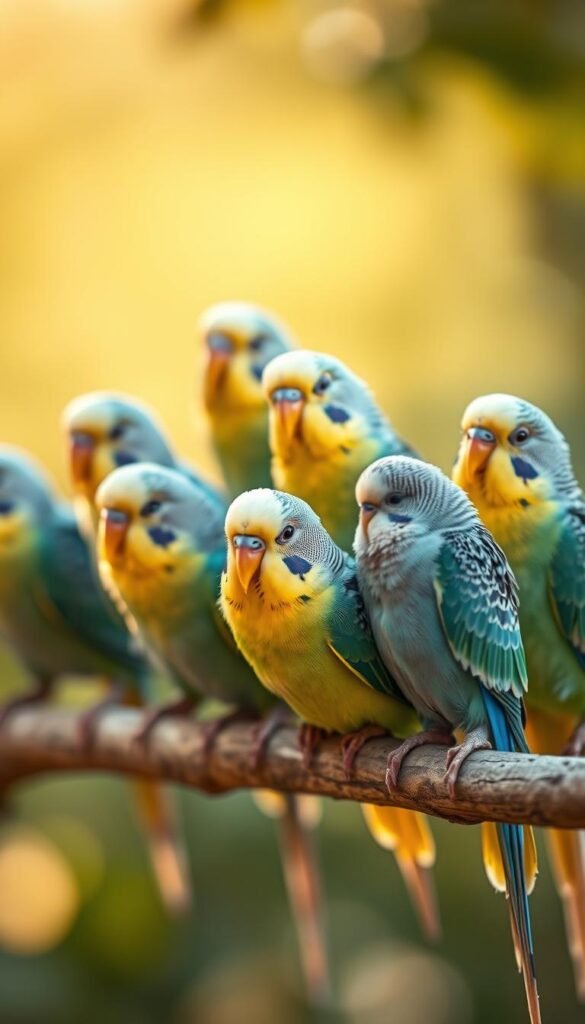 A flock of vibrant budgies perched on a natural wooden branch, their iridescent feathers glistening in soft, warm lighting. The birds are captured in a serene, candid moment, their characteristic curved beaks and large, expressive eyes conveying a sense of curious alertness. The background is a tranquil, blurred natural setting, allowing the budgies to be the focal point. The overall composition emphasizes the budgies' delicate proportions, graceful postures, and the enchanting palette of blue, green, and yellow hues that define this popular parakeet species.