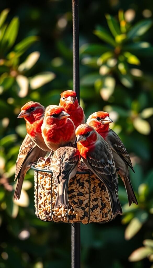 A flock of vibrant house finches perched atop a lush, sun-dappled bird feeder, their striking crimson heads and breasts contrasting against the verdant foliage in the background. The birds are captured in a moment of peaceful feeding, their small, sharp beaks deftly plucking at the assortment of seeds and grains. The scene is illuminated by soft, warm lighting, creating a cozy, inviting atmosphere that highlights the finches' natural beauty and their affinity for backyard birdfeeders, the ultimate seed enthusiasts.