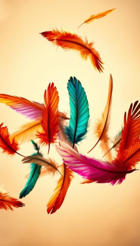 A flock of vibrant, multicolored feathers floating gracefully against a soft, hazy background. The feathers, arranged in a captivating composition, showcase their intricate patterns and textures, ranging from delicate downy filaments to bold, iridescent barbs. The lighting is warm and diffused, emphasizing the natural beauty and expressiveness of these avian communication tools. The scene captures the essence of the feather's role in bird behavior, conveying a sense of movement, communication, and the inherent elegance of these remarkable structures.