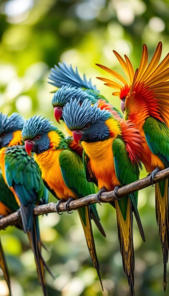 A flock of vibrant parrots perching on a branch, their feathers ruffled and spread in a captivating display of feather-related behaviors. The birds are illuminated by soft, diffused natural lighting, casting gentle shadows that accentuate the intricate details of their plumage. The scene is set against a blurred, verdant background, creating a sense of depth and focus on the birds' actions. The parrots are engaged in a variety of feather-related activities, such as preening, fluffing, and wing-stretching, showcasing the rich language of avian body language.