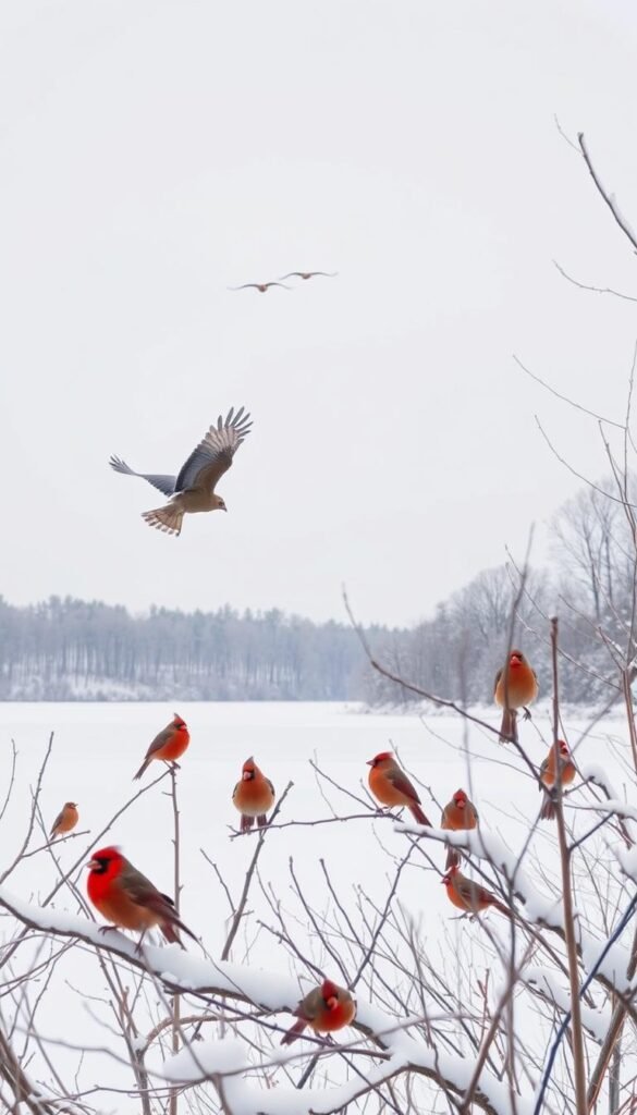 A flock of wild birds in a snowy winter landscape. In the foreground, a group of vibrant cardinals and chickadees perched on bare tree branches, their feathers ruffled against the cold. In the middle ground, a pair of hawks soar gracefully through the grey, overcast sky. In the background, a frozen lake surrounded by barren, snow-covered trees. The scene is bathed in a soft, diffused natural light, creating a serene and tranquil atmosphere. Captured with a wide-angle lens to emphasize the vastness of the winter wonderland.