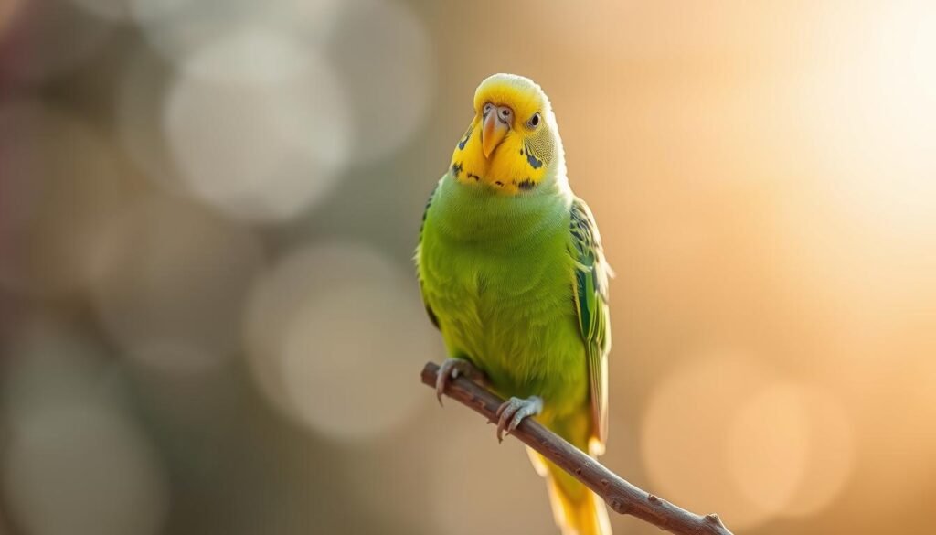A friendly parakeet (budgie) perched on a branch, bathed in warm, natural lighting. The bird's vibrant green plumage and friendly expression captivate the viewer, conveying the approachable, docile nature of this popular pet species. The parakeet is positioned in the foreground, with a blurred, out-of-focus natural backdrop featuring soft, muted colors to draw the eye to the subject. The overall scene evokes a sense of calm and tranquility, perfectly encapsulating the "Friendly Beginner's Bird" aspect of parakeets. A friendly parakeet (budgie) perched on a branch, bathed in warm, natural lighting. The bird's vibrant green plumage and friendly expression captivate the viewer, conveying the approachable, docile nature of this popular pet species. The parakeet is positioned in the foreground, with a blurred, out-of-focus natural backdrop featuring soft, muted colors to draw the eye to the subject. The overall scene evokes a sense of calm and tranquility, perfectly encapsulating the "Friendly Beginner's Bird" aspect of parakeets.