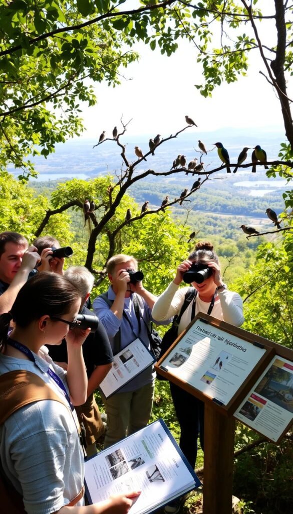 A group of citizen scientists intently observing birds through binoculars and cameras in a lush, sun-dappled forest. The foreground features enthusiastic volunteers recording data on their clipboards, surrounded by a diverse array of avian species perched on branches and flitting through the canopy. In the middle ground, a birdwatching station with informative signage educates visitors about the importance of habitat preservation and monitoring. The background depicts a scenic landscape of rolling hills and a distant lake, creating a tranquil, nature-filled atmosphere that inspires a sense of wonder and connection to the natural world.