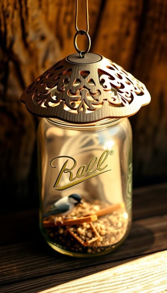 A hand-crafted, rustic mason jar bird feeder with a decorative lid. The feeder is positioned on a wooden surface, with a natural, earthy background. The lid features intricate, laser-cut patterns that cast dynamic shadows on the jar. Warm, directional lighting highlights the feeder's textures and materials, creating a cozy, inviting atmosphere. The composition emphasizes the lid's ornate design and the overall crafted, homemade quality of the feeder. The scene captures the charm and practicality of a DIY mason jar bird feeder, perfect for a backyard nature enthusiast.