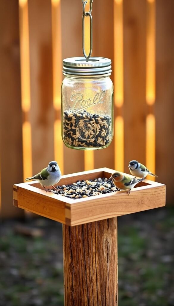 A handcrafted wooden seed tray serves as the centerpiece of this rustic yet charming Mason-jar bird feeder. Placed atop a sturdy wooden post, the tray is filled with an assortment of birdseed, beckoning a variety of feathered visitors. The jar, suspended above the tray, features a simple metal lid with strategically placed holes to allow the birds easy access to the food. Warm, natural lighting casts a golden glow, highlighting the weathered textures of the wood and accentuating the earthy tones. The scene exudes a sense of tranquility, inviting onlookers to pause and observe the bustling avian activity. This DIY bird feeder design seamlessly blends functionality and rustic charm, perfect for any backyard oasis.
