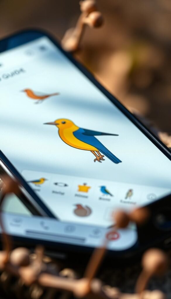 A high-resolution close-up photograph of the Audubon Bird Guide mobile app interface, showcasing its intuitive design and comprehensive bird identification features. The app's homepage is prominently displayed, with a clean and minimalist layout highlighting the app's main functionality. The user interface features vibrant colors, crisp icons, and an elegant typography that conveys a sense of professionalism and authority. The image is captured with a high-quality camera lens, utilizing natural lighting to create a warm and inviting atmosphere that complements the app's branding and overall aesthetic. The composition emphasizes the app's core purpose, making it an ideal visual representation for the "Audubon Bird Guide: A Comprehensive Field Guide" section of the article.