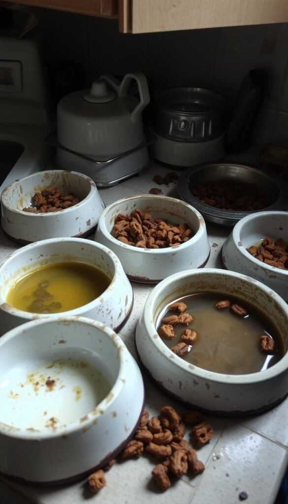 A kitchen counter cluttered with dirty pet bowls, neglected and overflowing with stale food and murky water. The bowls are chipped, dull, and stained, creating an unappetizing and unsanitary scene. Dim natural lighting casts unflattering shadows, emphasizing the grime. The overall atmosphere is one of carelessness and poor pet care, a cautionary tale of the consequences of overlooking this basic responsibility.