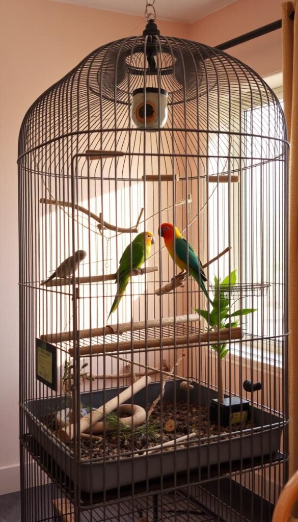 A large bird cage sits prominently in a cozy, sun-lit room. The cage is made of intricate metal bars, creating a striking visual contrast against the soft, pastel-colored walls. Inside, a variety of perches, toys, and natural elements such as branches and leaves fill the space, providing a stimulating and enriching environment for a curious parrot. Soft, diffused lighting from a nearby window casts a warm glow, highlighting the vibrant colors and textures of the setup. The camera angle is slightly elevated, giving a sense of depth and showcasing the thoughtful design of the cage and its contents. An atmosphere of comfort, care, and attentiveness to the parrot's needs pervades the scene.