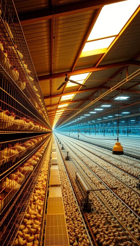 A large industrial poultry coop, bathed in warm, diffused lighting from overhead skylights. The foreground features a row of narrow, wire-mesh cages stacked floor-to-ceiling, each containing a single hen. In the middle ground, automated feeding and watering systems are visible, while the background reveals a sprawling facility with rows of identical cages stretching into the distance. The atmosphere is one of efficiency and functionality, but the confined living conditions of the birds create a sense of melancholy.