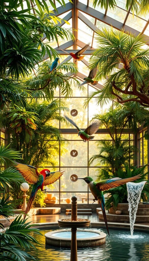 A large, open-concept aviary with lush, verdant foliage and diverse bird species flitting among the branches. Sunlight filters through the glass walls, casting a warm, golden glow. In the foreground, a pair of exotic parrots engage in a playful dance, showcasing the freedom and enrichment an aviary can provide. In the middle ground, a hummingbird hovers near a nectar feeder, highlighting the opportunity for close observation. In the background, a tranquil water feature gently cascades, creating a soothing ambiance. The scene conveys the pros of an aviary - ample space, natural environment, and interactive bird behavior - balanced against the potential cons of increased maintenance and supervision required.