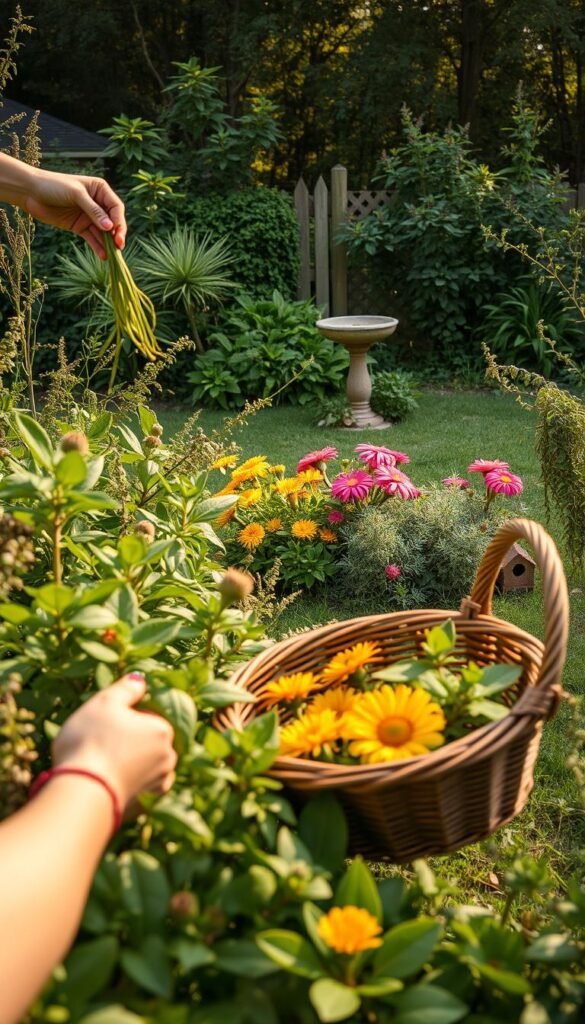 A lush backyard garden, overrun with invasive weeds and plants. In the foreground, a person is carefully pulling out the offending species by hand, disposing of them in a basket. The middle ground shows a selection of native flowering plants ready to be planted, their vibrant colors contrasting with the dull greens of the invasive foliage. In the background, a bird bath and birdhouse stand ready to welcome local wildlife. Warm, natural lighting casts a gentle glow, the scene captured through a wide-angle lens that emphasizes the scale of the transformation. An atmosphere of careful stewardship and environmental restoration pervades the image.