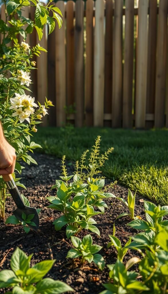 A lush, backyard garden scene with healthy plants and vibrant greenery. In the foreground, a gardener carefully weeds around the base of a flourishing flowering shrub, using a small garden trowel. The middle ground shows a variety of thriving native plants, their leaves and petals swaying gently in a soft breeze. In the background, a tall, wooden fence partially obscures a well-maintained lawn, complementing the overall tranquil and serene atmosphere. Warm, natural lighting illuminates the scene, casting soft shadows and highlighting the textures of the soil, leaves, and gardening tools. The overall composition emphasizes the importance of careful, mindful weed management in creating a thriving backyard bird habitat.