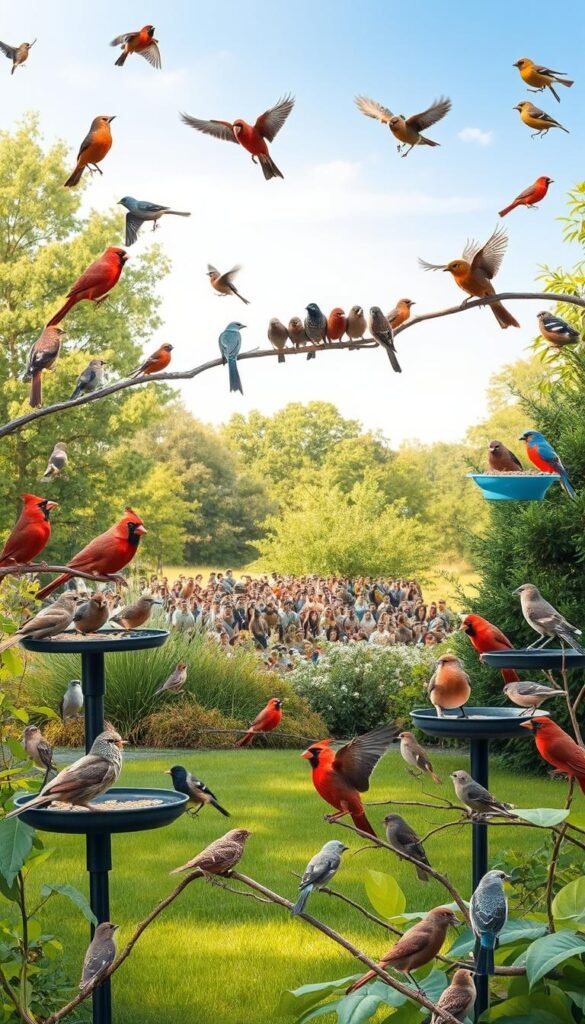 A lush backyard setting with a variety of vibrant birds perched on branches, feeders, and birdbaths. The foreground features a group of common backyard species such as cardinals, chickadees, and sparrows, all engaged in natural behaviors like feeding, preening, and chirping. The middle ground showcases a mixed flock of additional birds like finches, titmice, and nuthatches, creating a dynamic, lively scene. The background gently blurs into a verdant landscape of trees, shrubs, and a clear sky, bathed in soft, natural lighting that casts a warm, inviting atmosphere. The overall composition captures the essence of a thriving backyard bird habitat.