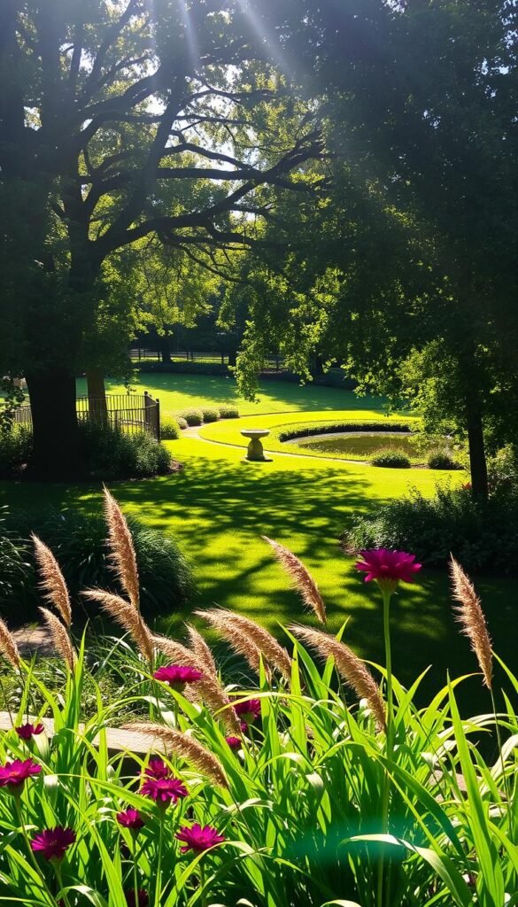 A lush, bird-friendly garden bathed in warm, dappled sunlight. The foreground features a vibrant floral border with tall, swaying grasses. In the middle ground, a gently meandering path winds through a canopy of mature trees, casting intricate patterns of shade and light across the verdant landscape. The background showcases a serene pond or birdbath, its surface reflecting the play of sunbeams and shadows. The scene exudes a sense of tranquility and harmony, inviting birds to take refuge and thrive in this carefully curated oasis.