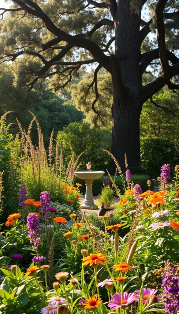 A lush, bird-friendly garden in soft morning light. The foreground features a variety of native flowers and plants, creating a vibrant tapestry of colors and textures. In the middle ground, a birdbath glistens, inviting feathered visitors to bathe and drink. Towering trees in the background provide shade and shelter, their branches alive with the songs of happy birds. The scene exudes a sense of peaceful tranquility, a welcoming oasis for local wildlife. The lighting is warm and diffused, highlighting the natural beauty of this inviting outdoor sanctuary.