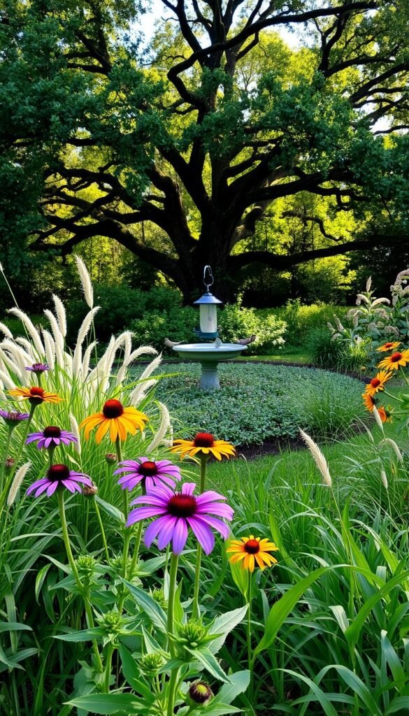 A lush, bird-friendly garden with vibrant native plants in the foreground, including purple coneflowers, black-eyed Susans, and native grasses swaying gently in the breeze. In the middle ground, a bird bath surrounded by low-growing ground cover and a feeder teeming with chirping songbirds. The background features a verdant canopy of mature oak and maple trees, casting a warm, dappled light across the scene. The overall atmosphere is serene and inviting, designed to attract and support a diverse array of local bird species throughout the seasons.