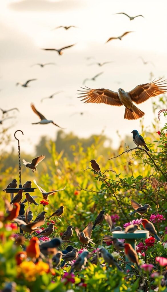 A lush bird garden comes alive with the daily and seasonal rhythms of feathered denizens. In the foreground, a vibrant array of songbirds flit between feeders and birdbaths, capturing the essence of morning activity. The middle ground showcases larger avian species perched on branches, wings outstretched, basking in the warm afternoon light. In the background, migratory birds soar through a softly hued sky, their silhouettes tracing the arc of the day's progression. Diffused natural lighting casts a golden glow, accentuating the birds' plumage and creating a sense of tranquility. Captured through a wide-angle lens, this scene encapsulates the ebb and flow of avian life, reflecting the cyclical patterns that define the best times to observe and appreciate the wonder of a thriving bird garden.