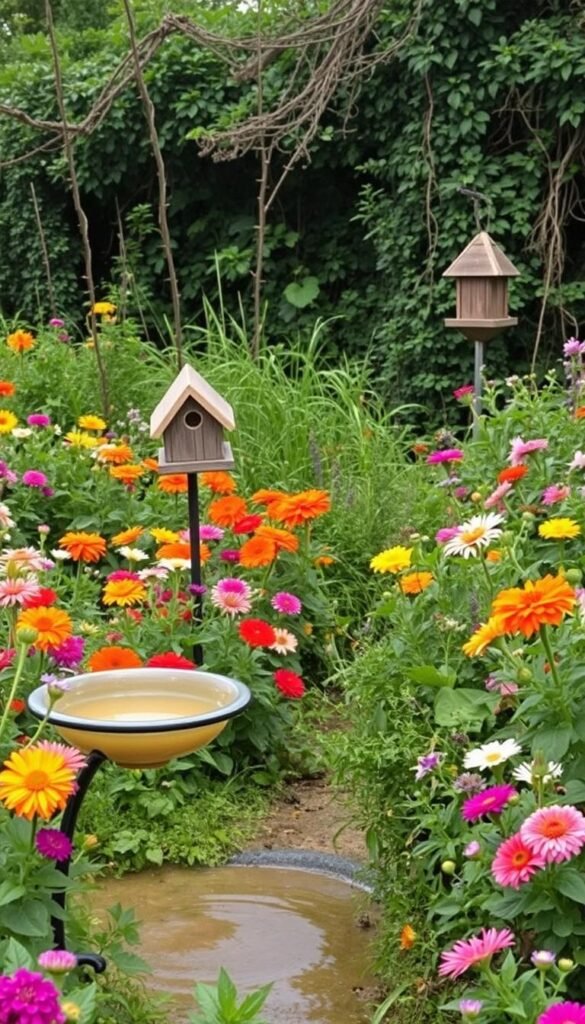 A lush bird garden filled with vibrant flowers and plants, marred by common design mistakes. In the foreground, a tilted birdbath overflows, creating a muddy puddle. Nearby, a poorly placed birdhouse hangs crooked, deterring feathered visitors. The middle ground reveals a neglected feeding station, overrun with invasive weeds. In the background, a tangled mess of overgrown vines and shrubs blocks sight lines, hindering birds' access to the sanctuary. Soft, diffused lighting casts a contemplative mood, inviting the viewer to consider how to create a truly inviting and functional bird-friendly space.