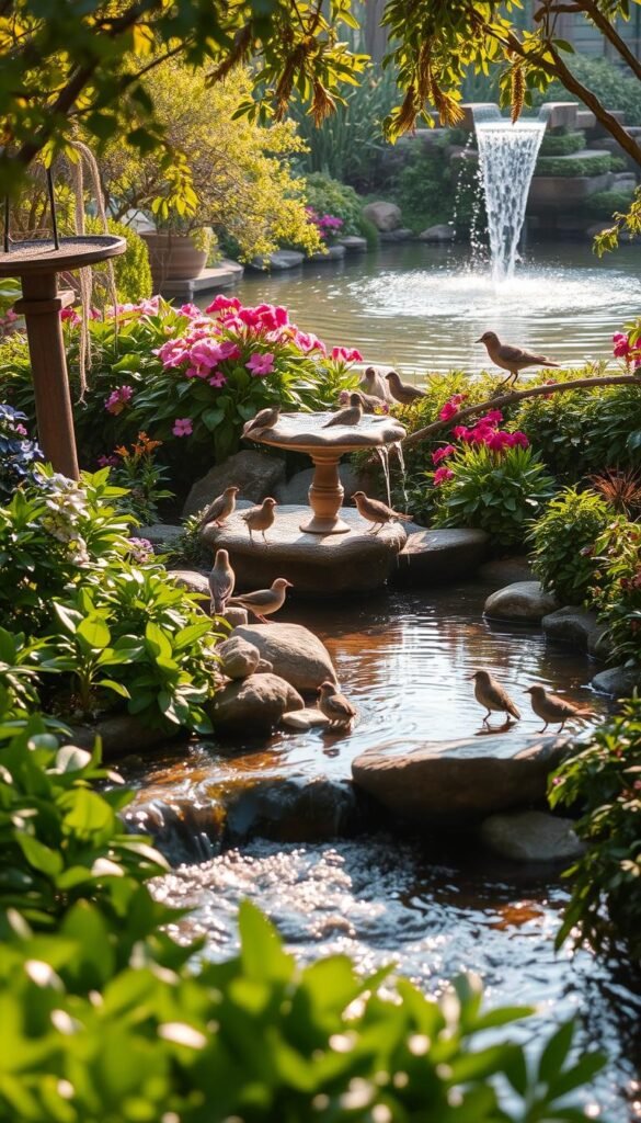 A lush bird garden with an array of water features, captured in a natural, soft-focus landscape. In the foreground, a gently flowing stream surrounded by verdant foliage, inviting birds to bathe and drink. In the middle ground, a shallow birdbath nestled among flowering plants, reflecting the dappled sunlight. Beyond, a tranquil pond with a small waterfall, its surface rippling as birds dip in to cool off. The scene is bathed in warm, golden light, creating a serene, inviting atmosphere that caters to the needs of our feathered friends.