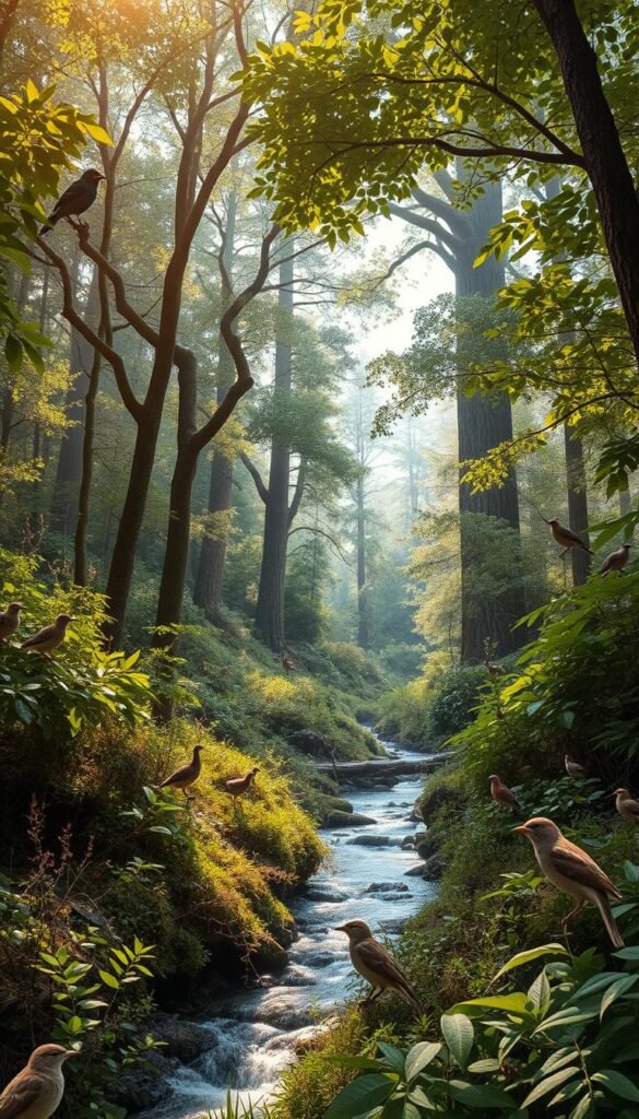 A lush forest canopy casts dappled light on a tranquil woodland scene. In the foreground, a diverse array of birds forage and perch amidst the verdant foliage, each species adapted to its preferred niche. Midground reveals a flowing stream winding through the undergrowth, a critical water source sustaining the vibrant avian community. Towering trees in the background rise majestically, their branches providing essential shelter and nesting sites. A warm, golden-hued glow illuminates the harmonious interplay between the birds and their dynamic habitat, highlighting the vital interdependence at the heart of this delicate ecosystem.