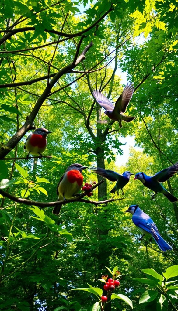A lush forest canopy, dappled with sunlight, serves as the backdrop for a vibrant scene of avian life. In the foreground, a robin perches on a branch, its crimson breast feathers catching the golden glow. Nearby, a sparrow darts between the foliage, its small wings beating rapidly as it searches for sustenance. In the middle ground, a pair of blue jays squabble over a juicy berry, their raucous calls echoing through the verdant understory. The image is captured through a wide-angle lens, highlighting the vital interconnectedness of the birds' habitat and their struggle for survival within this delicate ecosystem.