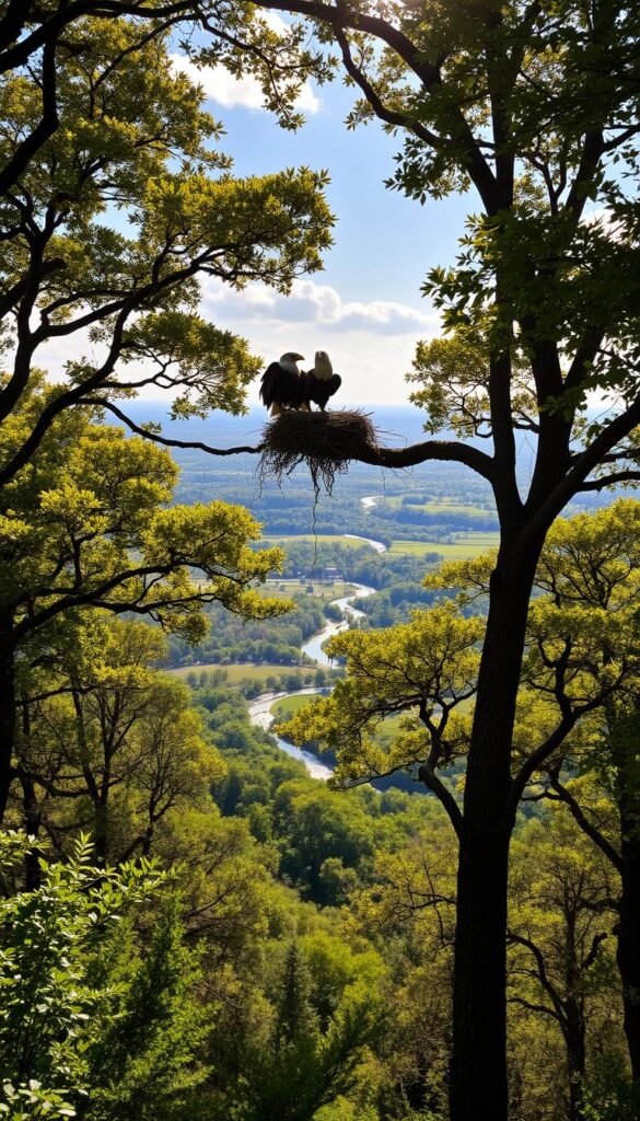 A lush forest canopy, sun-dappled leaves casting gentle shadows on the ground below. In the foreground, a pair of majestic bald eagles, their powerful wings outstretched in a protective stance, guarding their nest high up in a towering oak tree. In the middle distance, a breathtaking panorama of rolling hills and winding streams, teeming with diverse avian life - vibrant songbirds, graceful herons, and stately waterfowl. The scene is bathed in a warm, golden light, conveying a sense of tranquility and harmony between the natural world and its feathered inhabitants. This serene landscape represents the delicate balance we must strive to preserve, to ensure the continued flourishing of America's endangered bird populations.