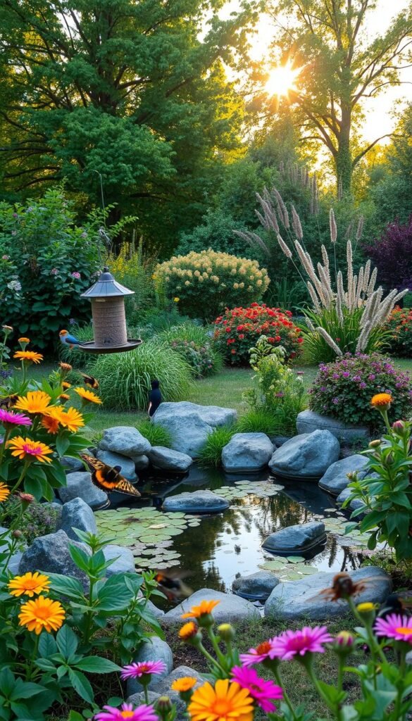 A lush garden filled with native plants and flowers, buzzing with pollinators. In the foreground, a bird feeder attracting a variety of avian species. In the middle ground, a small pond surrounded by rocks and aquatic plants, teeming with frogs and dragonflies. In the background, a verdant canopy of trees and shrubs, filtering the warm, golden light of the sun. The scene conveys a harmonious coexistence between humans and nature, highlighting the importance of environmental conservation and the creation of backyard habitats that support local wildlife.