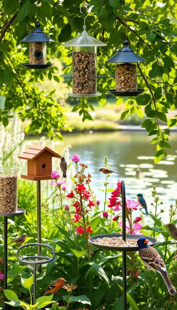 A lush garden scene, sunlight filtering through verdant foliage. In the foreground, a variety of bird feeders and feeding stations, each filled with an assortment of seeds, nuts, and berries - a vibrant spread catering to the diverse dietary needs of local avian inhabitants. The middle ground showcases thriving native plants, their blooms and fruits providing abundant natural food sources. In the background, a tranquil pond reflects the serene atmosphere, inviting birds to bathe and hydrate. The overall composition evokes a welcoming, wildlife-friendly environment, designed to attract and sustain a thriving community of birds.