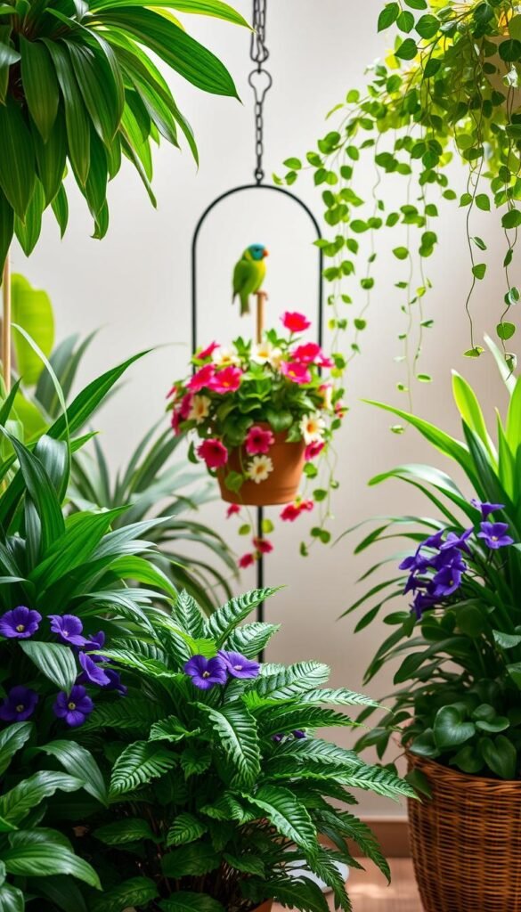 A lush indoor garden showcasing an arrangement of vibrant, non-toxic houseplants ideal for bird-friendly environments. The foreground features a display of verdant foliage, including bountiful spider plants, Boston ferns, and African violets, their leaves gently swaying under soft, natural lighting. The middle ground highlights a potted bird perch adorned with colorful blooms of African daisies and trailing ivy, creating a welcoming sanctuary for feathered companions. In the background, a serene palette of earthy tones and subtle textures, suggesting a cozy, nature-inspired indoor setting. The overall composition exudes a sense of harmony and tranquility, reflecting the harmonious co-existence of birds and their safe, bird-friendly houseplants.