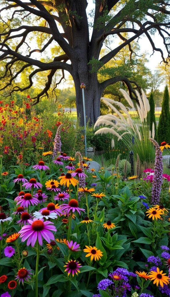 A lush, natural arrangement of vibrant native plants and flowers, meticulously crafted to create a verdant bird sanctuary. The foreground showcases a diverse selection of nectar-rich blooms, including purple coneflowers, milkweed, and black-eyed Susans, attracting a variety of hummingbirds and butterflies. The middle ground features a mix of berry-producing shrubs and seed-bearing grasses, providing essential food sources for songbirds. In the background, towering oak and maple trees create a serene, sheltered canopy, their branches adorned with nesting sites for woodland birds. The scene is bathed in warm, golden light, capturing the inviting and nurturing atmosphere of a thriving native plant ecosystem tailored to the needs of our feathered friends.