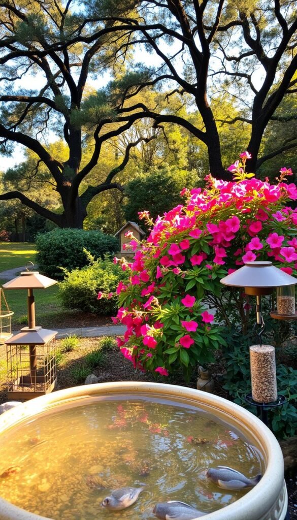 A lush, natural scene filled with a variety of bird attractants, set against a warm, golden afternoon light. In the foreground, a bird bath overflows with crystal-clear water, surrounded by a scattering of seed-filled feeders in earthy tones. In the middle ground, a flowering shrub bursts with vibrant blooms, their nectar-rich petals swaying gently in a soft breeze. Beyond, a canopy of mature trees casts softening shadows, their branches adorned with carefully placed nesting boxes. The overall composition evokes a sense of tranquility and harmony, inviting birds to freely explore this welcoming backyard oasis.