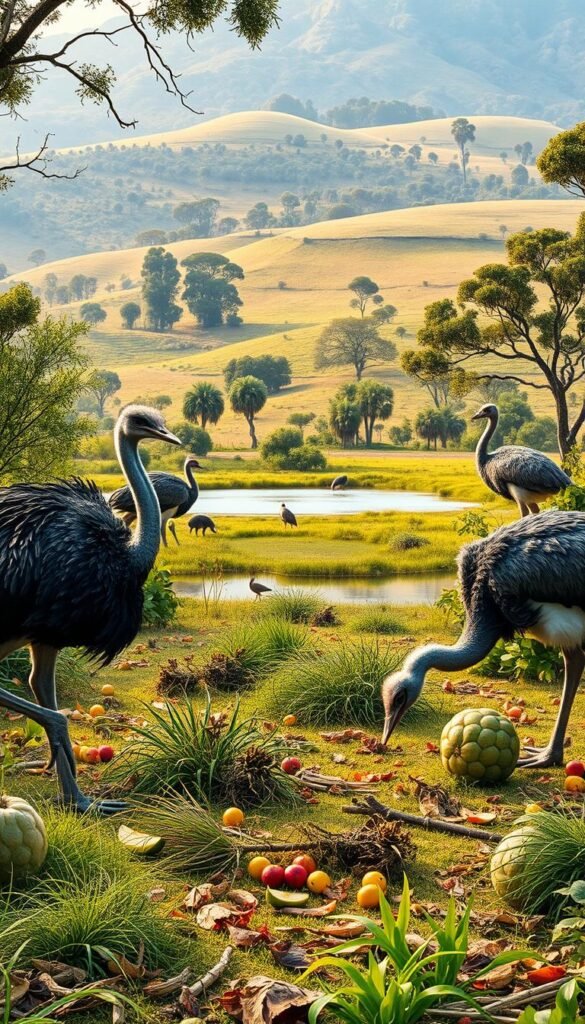 A lush, natural setting depicting the foraging habits of flightless birds. In the foreground, an ostrich and an emu grazing on a diverse array of vegetation, including grasses, shrubs, and fallen fruits. The middle ground features a tranquil pond where the birds drink, surrounded by a verdant landscape of undulating hills and towering trees. Soft, diffused lighting casts a warm, golden glow, accentuating the textures and colors of the scene. The overall atmosphere is one of serene coexistence, highlighting the symbiotic relationship between these majestic flightless birds and their environment.