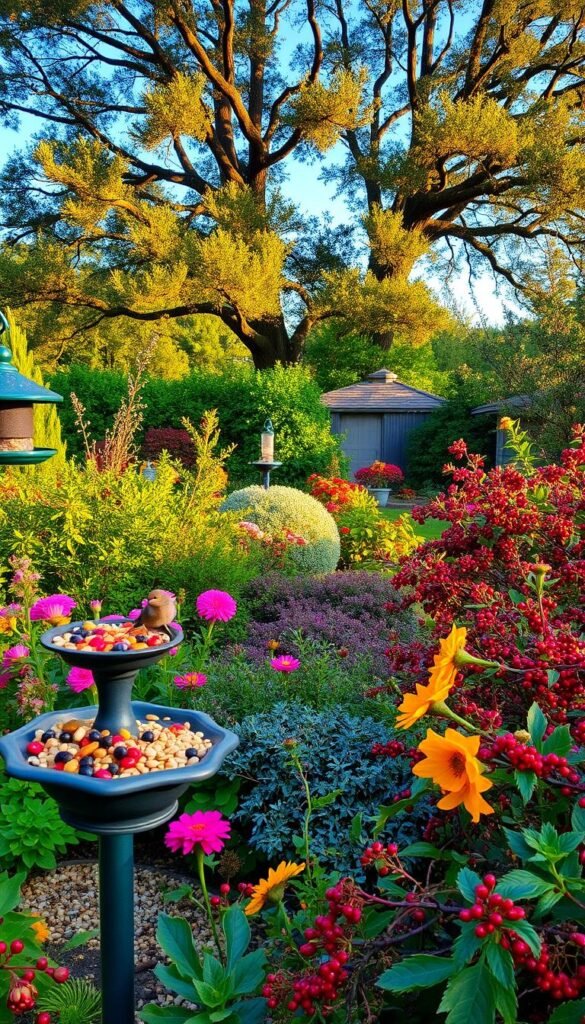 A lush, naturalistic garden scene featuring an array of vibrant, bird-friendly food sources. In the foreground, a bird bath and feeders filled with various seeds, berries, and suet cakes. Mid-ground, a mix of flowering plants, shrubs, and berry-bearing bushes in rich, saturated hues. In the background, a mature tree canopy with glimpses of a clear, blue sky. The scene is bathed in warm, golden-hour lighting, casting soft shadows and a sense of tranquility. The overall composition invites the viewer to imagine the garden as a thriving hub for a diverse array of avian life.